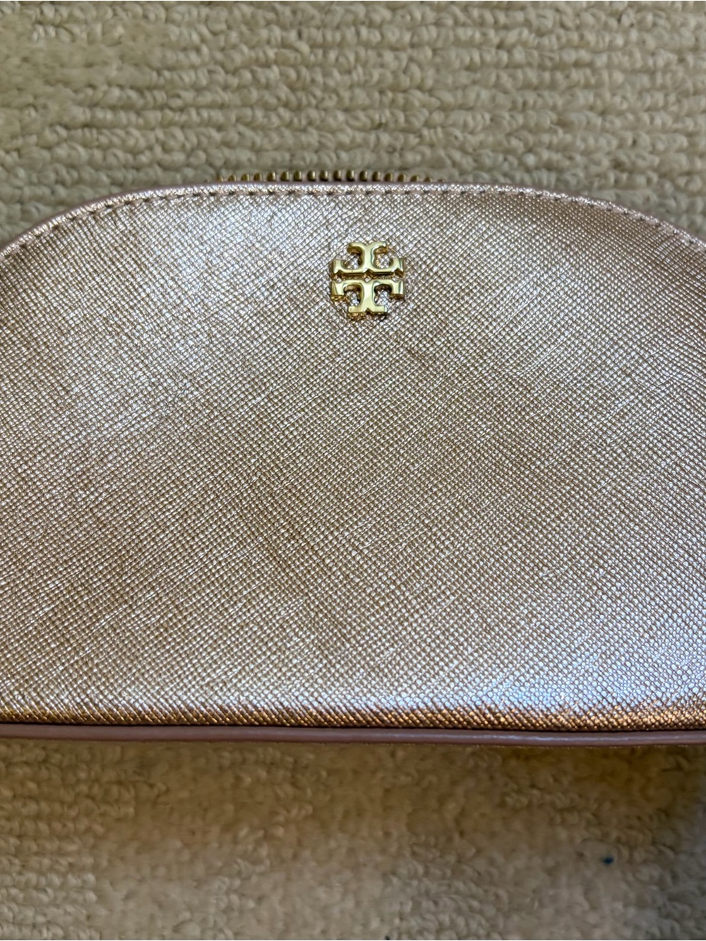 Tory Burch Rose Gold Metallic Cosmetic Case with Gold Logo